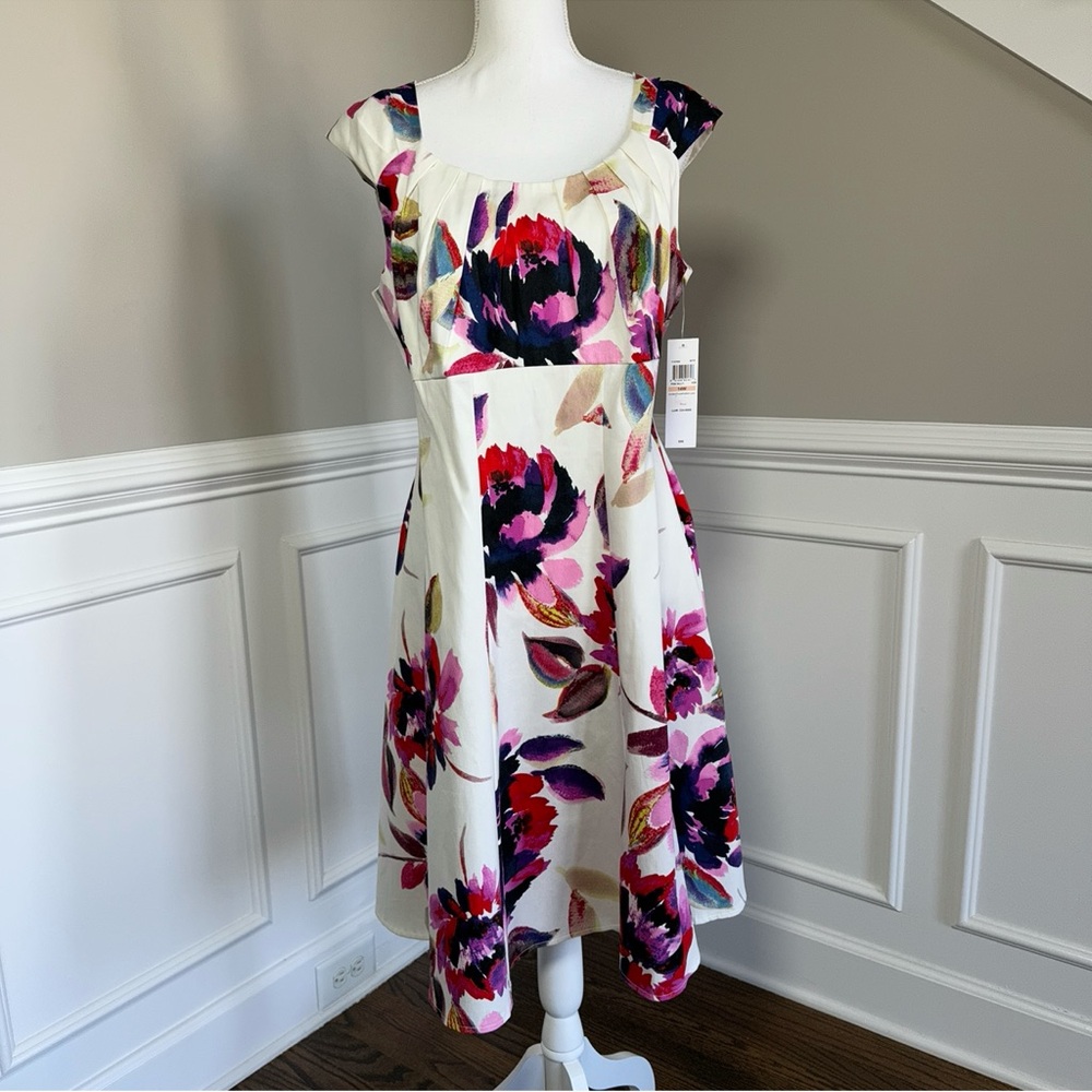 London Times Cream Floral Midi Dress with Pink, Purple & Red Blooms